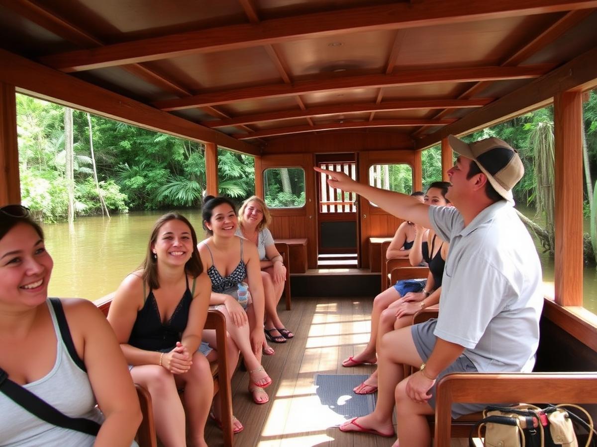 Grupo de viajantes navegando pela Amazônia