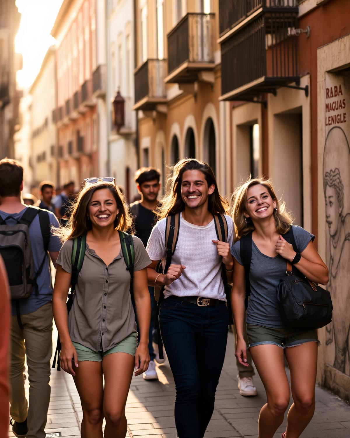 Grupo de viajantes caminhando por rua histórica em Portugal